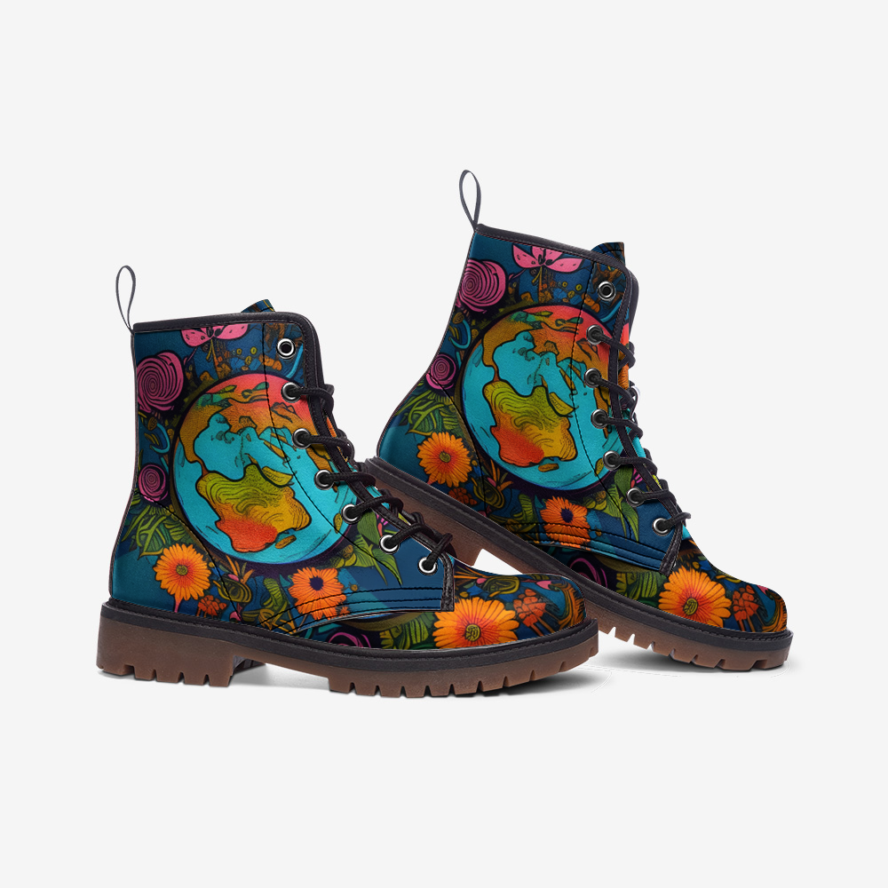 Hippie Art Zone - Psychedelic Earth Artwork On Casual Leather Lightweight Boots For Hippies