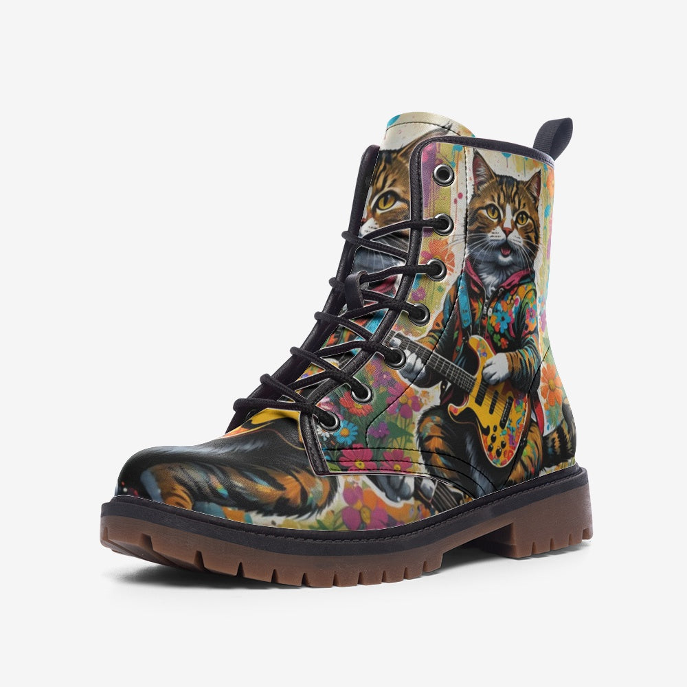 Hippie Art Zone - Guitar Cats Casual Leather Lightweight Boots for Cat Lovers