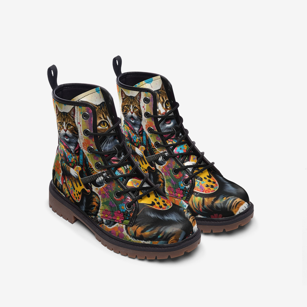 Hippie Art Zone - Guitar Cats Casual Leather Lightweight Boots for Cat Lovers