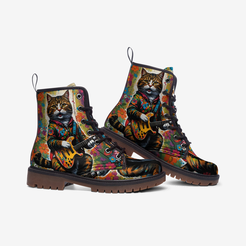 Hippie Art Zone - Guitar Cats Casual Leather Lightweight Boots for Cat Lovers