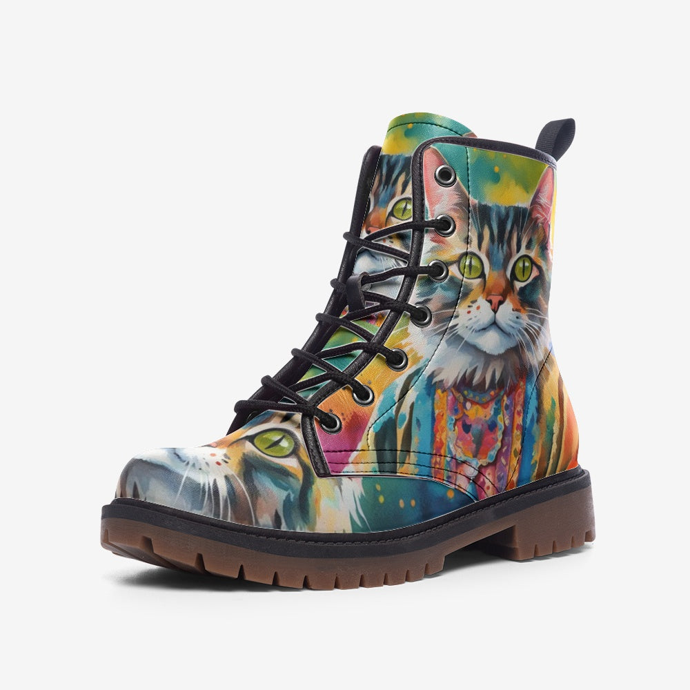 Hippie Art Zone - Watercolor Cat Art on Leather Lightweight Boots for Hippies