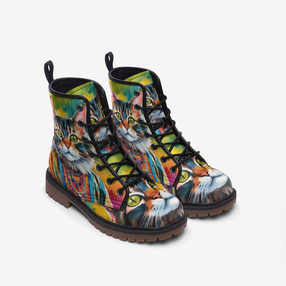 Hippie Art Zone - Watercolor Cat Art on Leather Lightweight Boots for Hippies