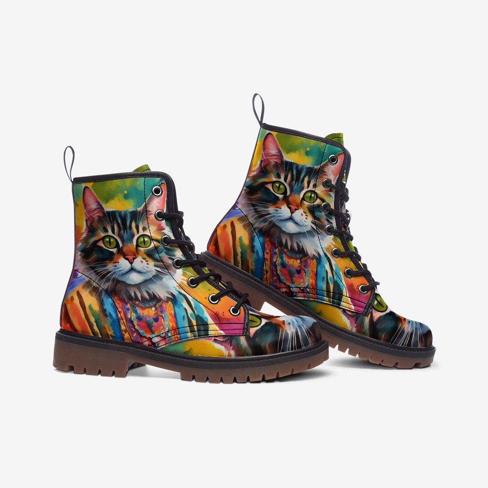 Hippie Art Zone - Watercolor Cat Art on Leather Lightweight Boots for Hippies