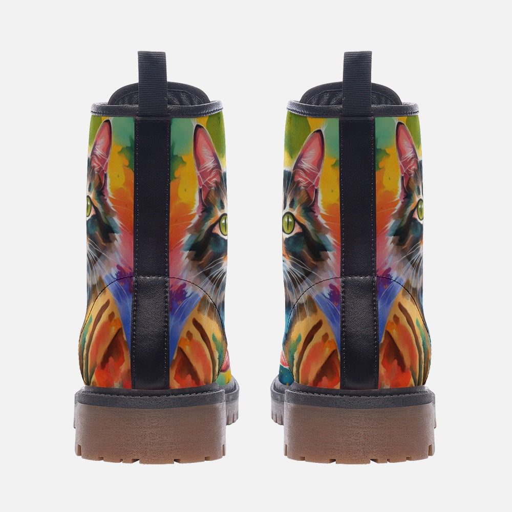 Hippie Art Zone - Watercolor Cat Art on Leather Lightweight Boots for Hippies