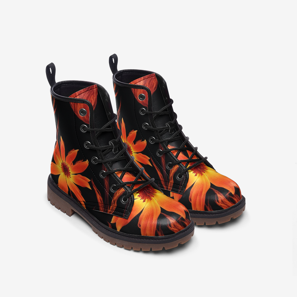 Hippie Art Zone - Burnt Flowers on Leather Lightweight Boots for Hippies