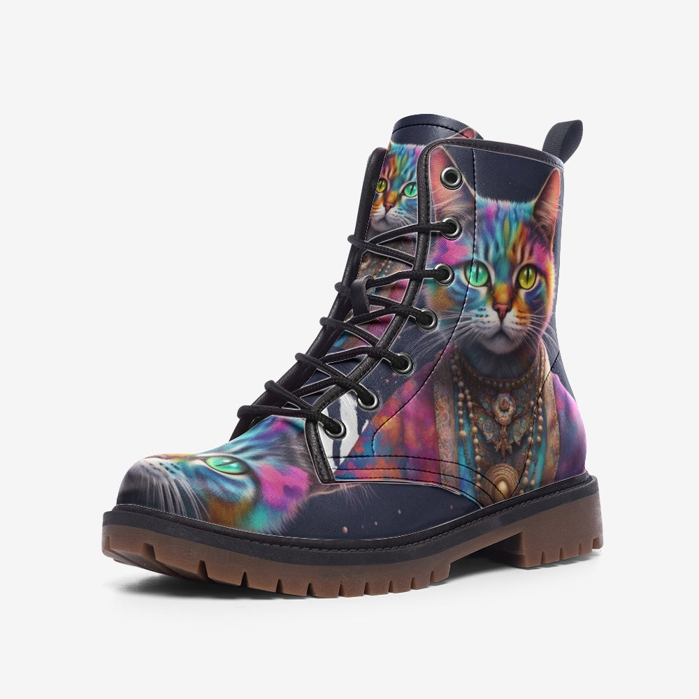 Hippie Art Zone - Cool Cat, Psychedelic Art, Animal Inspired Design Leather Lightweight Boots for Hippies