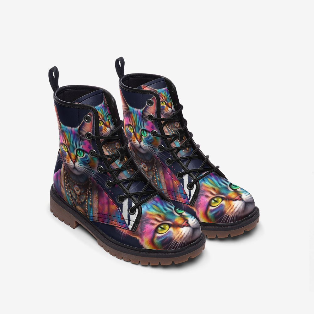 Hippie Art Zone - Cool Cat, Psychedelic Art, Animal Inspired Design Leather Lightweight Boots for Hippies