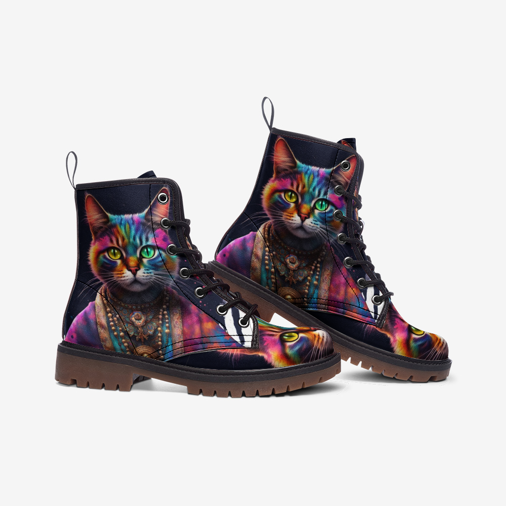 Hippie Art Zone - Cool Cat, Psychedelic Art, Animal Inspired Design Leather Lightweight Boots for Hippies