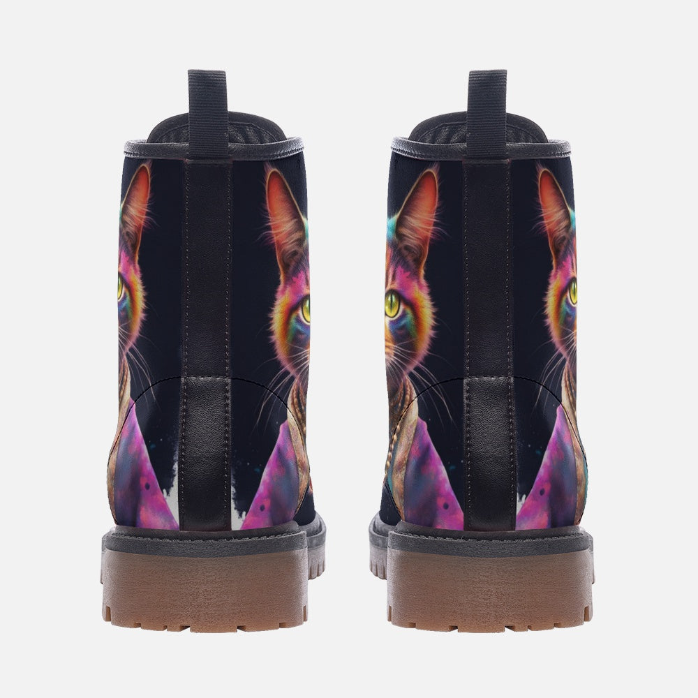 Hippie Art Zone - Cool Cat, Psychedelic Art, Animal Inspired Design Leather Lightweight Boots for Hippies