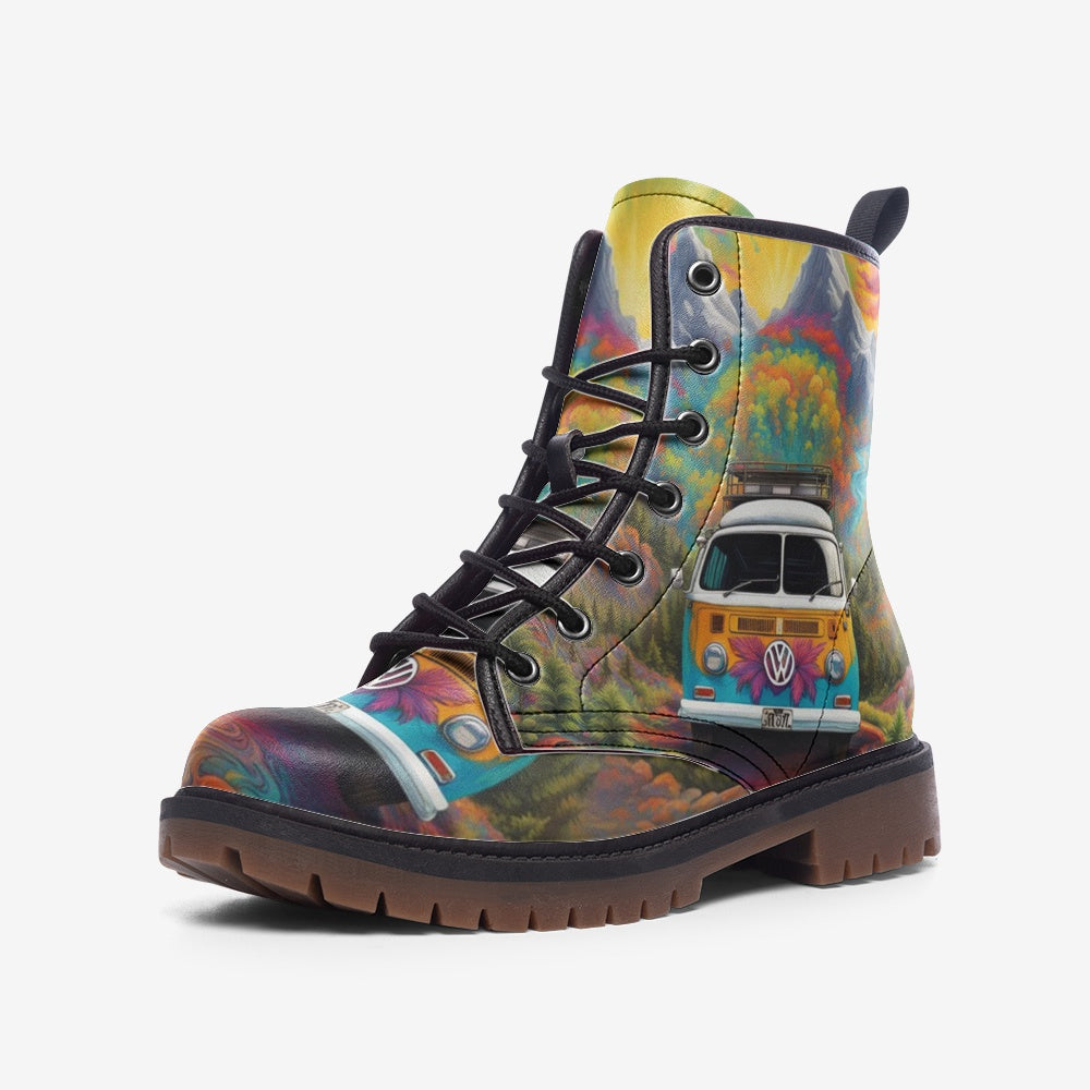 Hippie Art Zone - VW Van Road Trip Casual Leather Lightweight Boots For Hippies