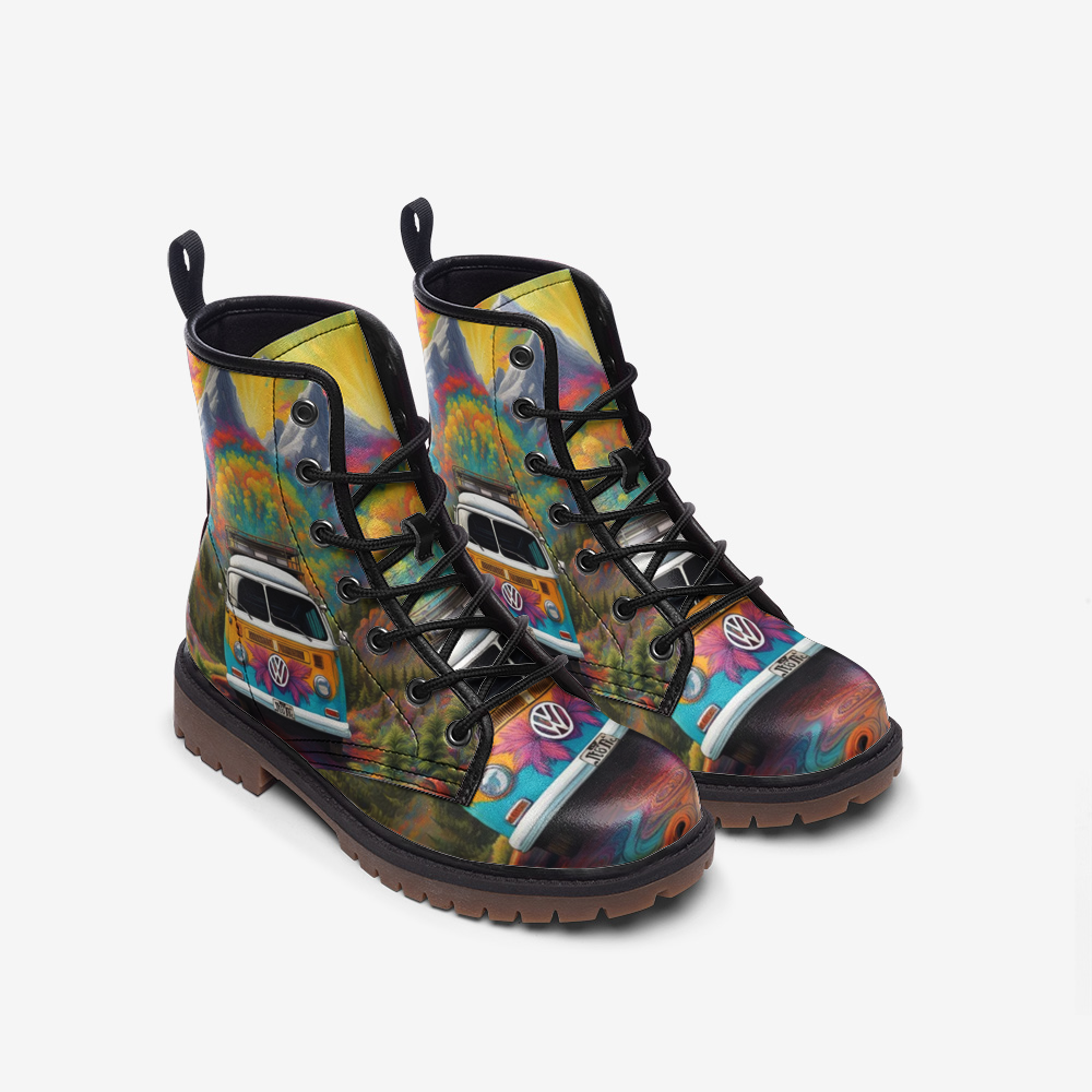 Hippie Art Zone - VW Van Road Trip Casual Leather Lightweight Boots For Hippies