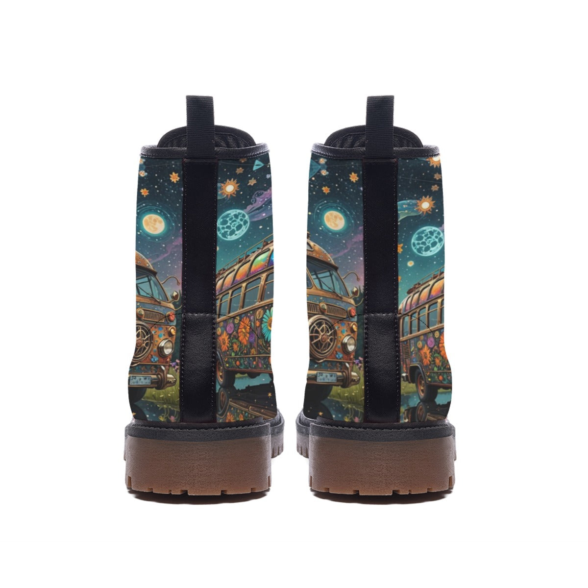 Hippie Art Zone - Vegan Leather Combat Boots & Retro Van Bus Under the Starry Sky â?? Adventure Awaits