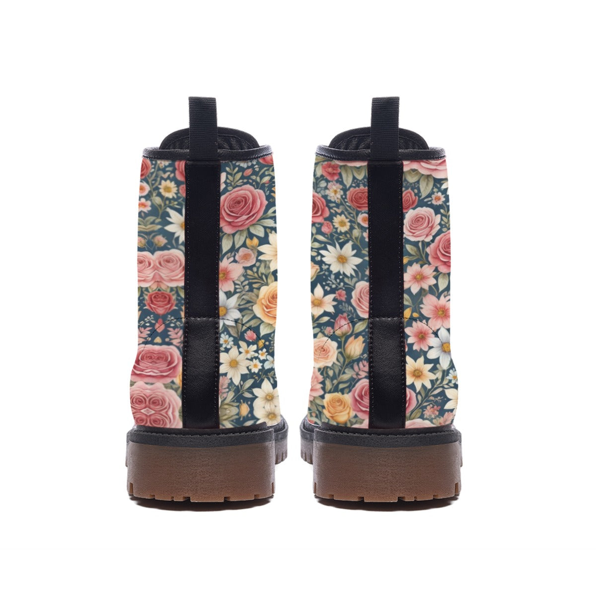 Hippie Art Zone - Floral Pink Vegan Leather Combat Boots, Boho Style For Hippie