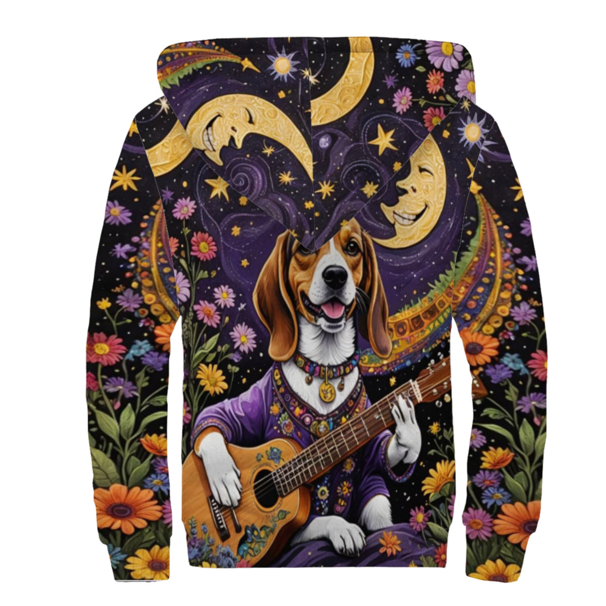 Guitar playing Dog In A Field Of Flowers Sherpa Lined Zip-up Hoodie For Hippies