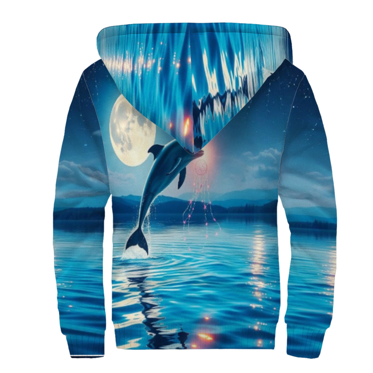 Boho Moon Dolphin Sherpa Lined Zip-up Hoodie For Hippies