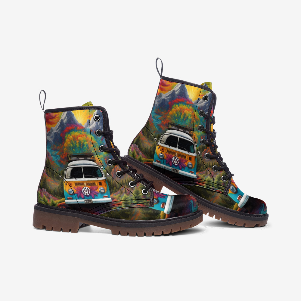 Hippie Art Zone - VW Van Road Trip Casual Leather Lightweight Boots For Hippies