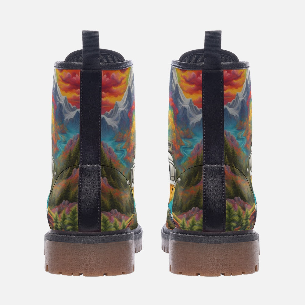 Hippie Art Zone - VW Van Road Trip Casual Leather Lightweight Boots For Hippies