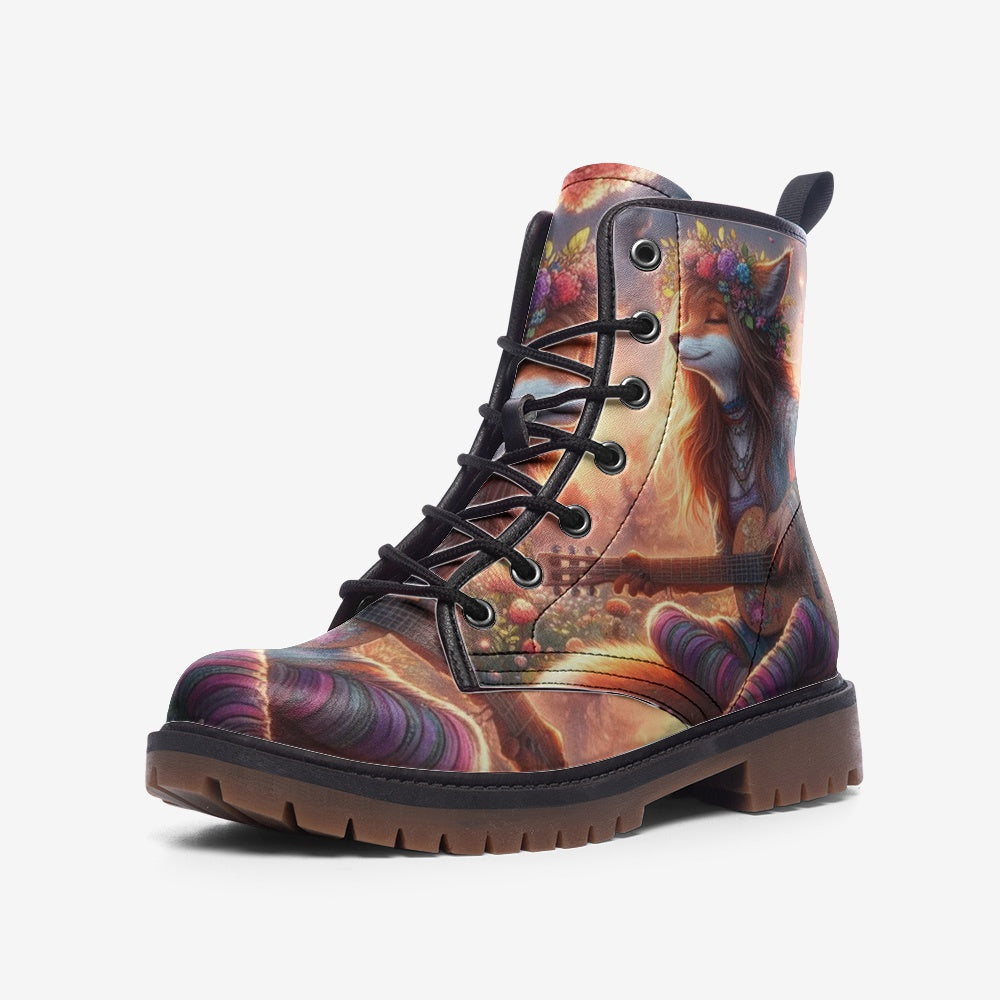 Hippie Art Zone  - Foxy Girl Artwork On Casual Leather Lightweight Boots For Hippies