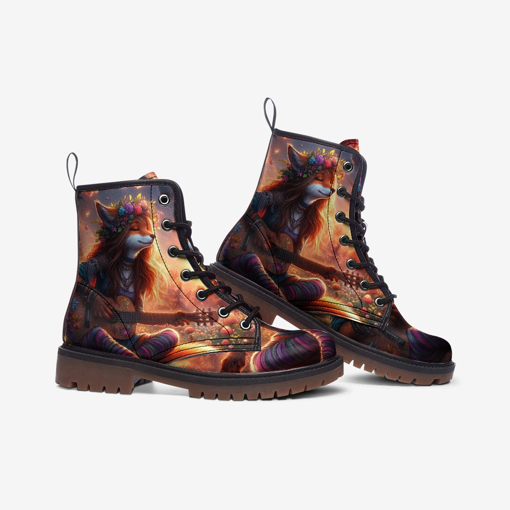 Hippie Art Zone  - Foxy Girl Artwork On Casual Leather Lightweight Boots For Hippies