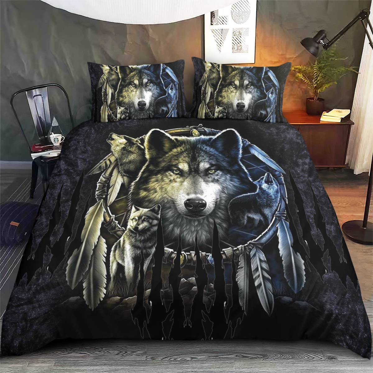 hippieartzone - Native American Wolf Dreamcatcher Bedding Set
