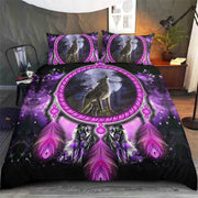 hippieartzone - Native American Wolf On Violet Dream Catcher Skull Bedding Set