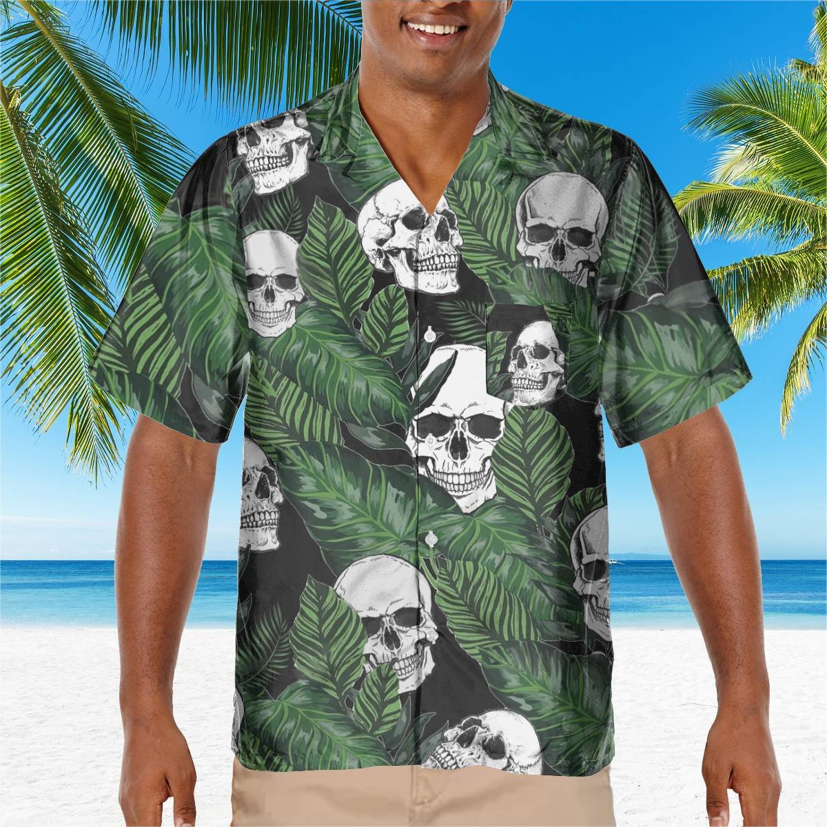 hippieartzone - GREEN SKULL TROPICAL HAWAII SHIRT.