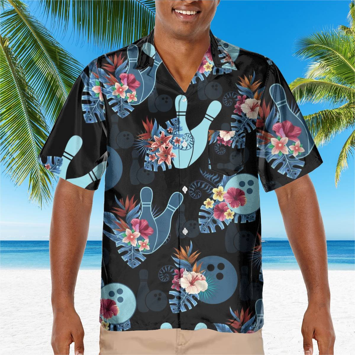 hippieartzone - BLUE BOWLING TROPICAL FLOWER HAWAII SHIRT.