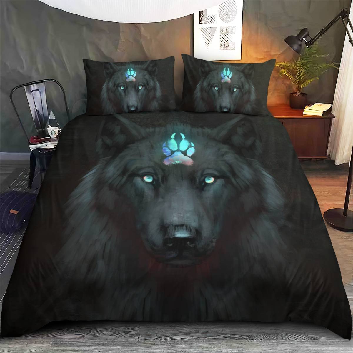 hippieartzone - Native American Black Wolf Bedding Set