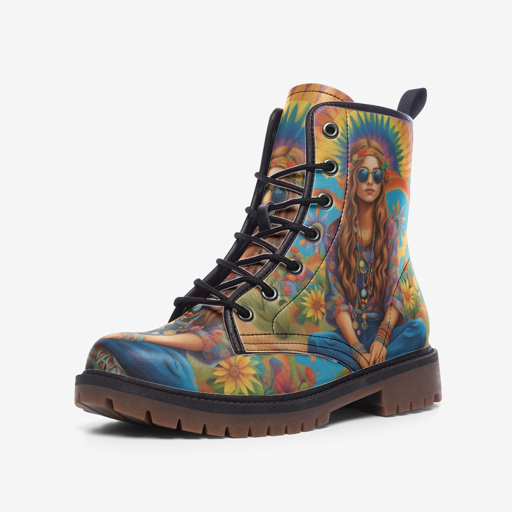 Hippie Art Zone - Girl With Rainbow Behind Casual Leather Lightweight Boots For Hippies