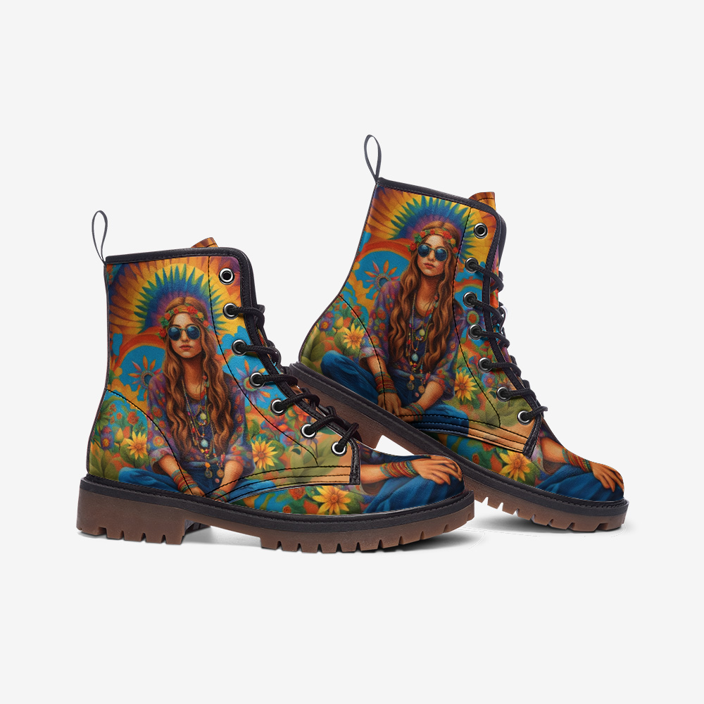 Hippie Art Zone - Girl With Rainbow Behind Casual Leather Lightweight Boots For Hippies