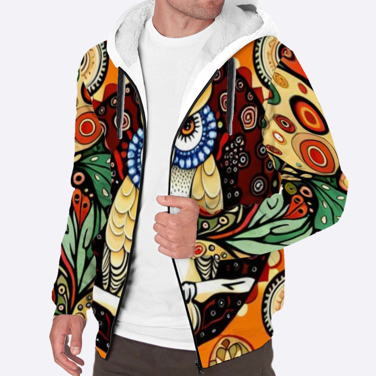 Boho Botanical Owl Sherpa Lined Zip-up Hoodie For Hippies