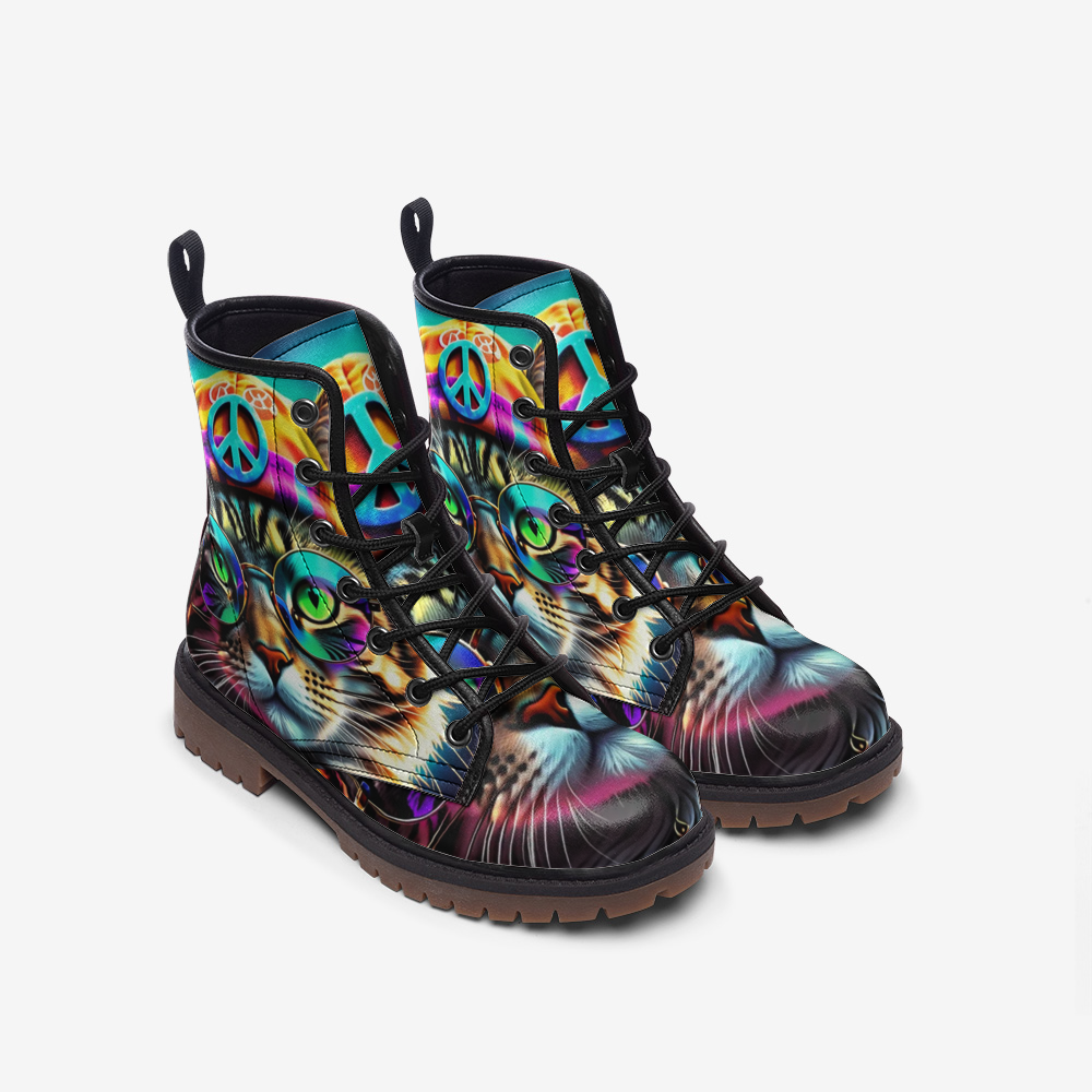 Hippie Art Zone - Cat with Sunglasses, Peace Symbol Casual Leather Lightweight Boots for Cat Lovers