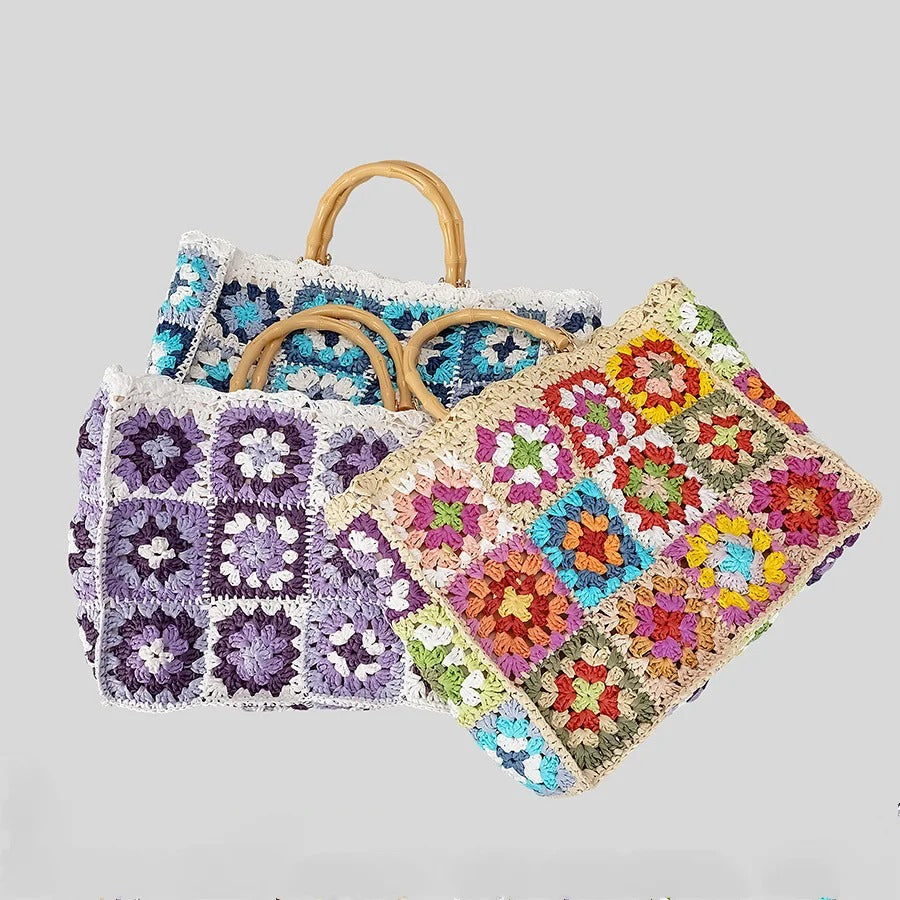 hippieartzone - Bohemian Granny Square Staw Handbags.