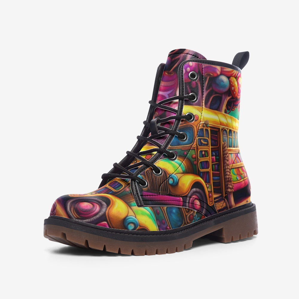 Hippie Art Zone - Vibrant Hippie Van Leather Lightweight Boots for Hippies