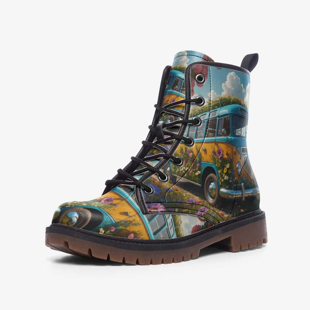 Hippie Art Zone - Floral Kombi Van Leather Lightweight Boots for Hippies