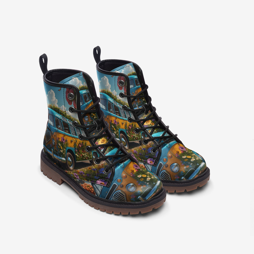 Hippie Art Zone - Floral Kombi Van Leather Lightweight Boots for Hippies