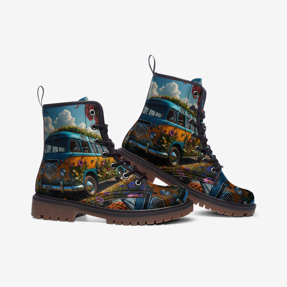 Hippie Art Zone - Floral Kombi Van Leather Lightweight Boots for Hippies