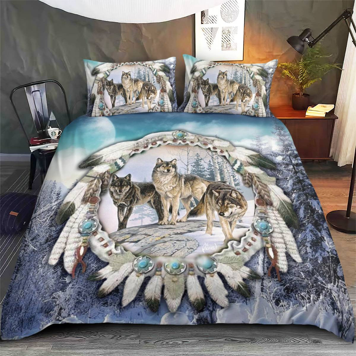 hippieartzone - Native American Wolf Spirit On Dreamcatcher Bedding Set