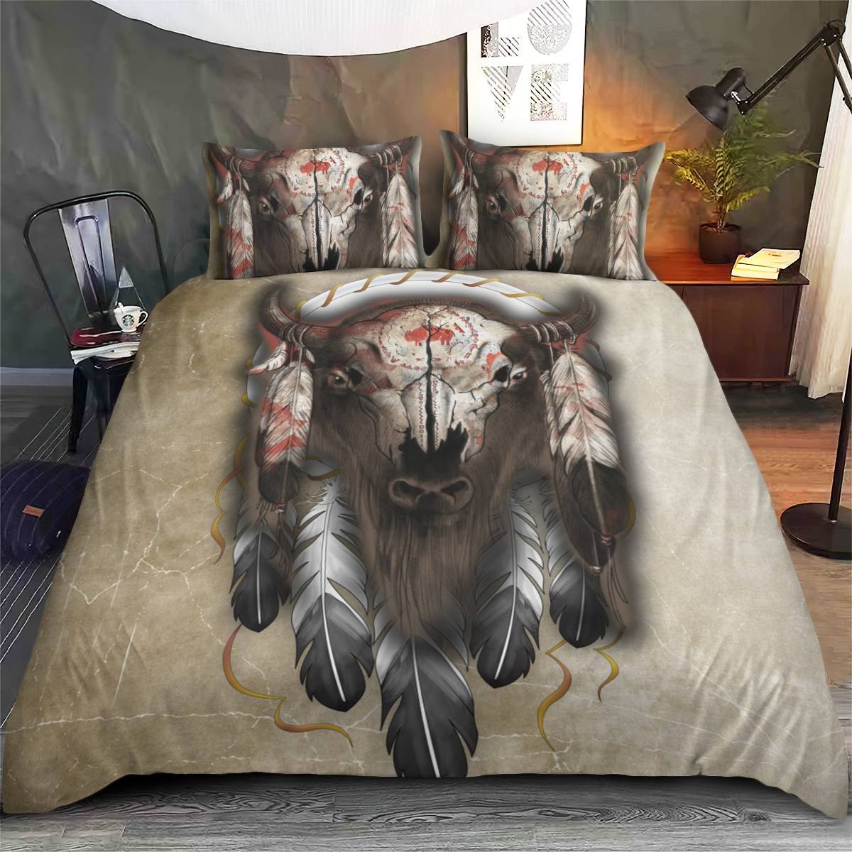 hippieartzone - Native American Bison Skull Bedding Set