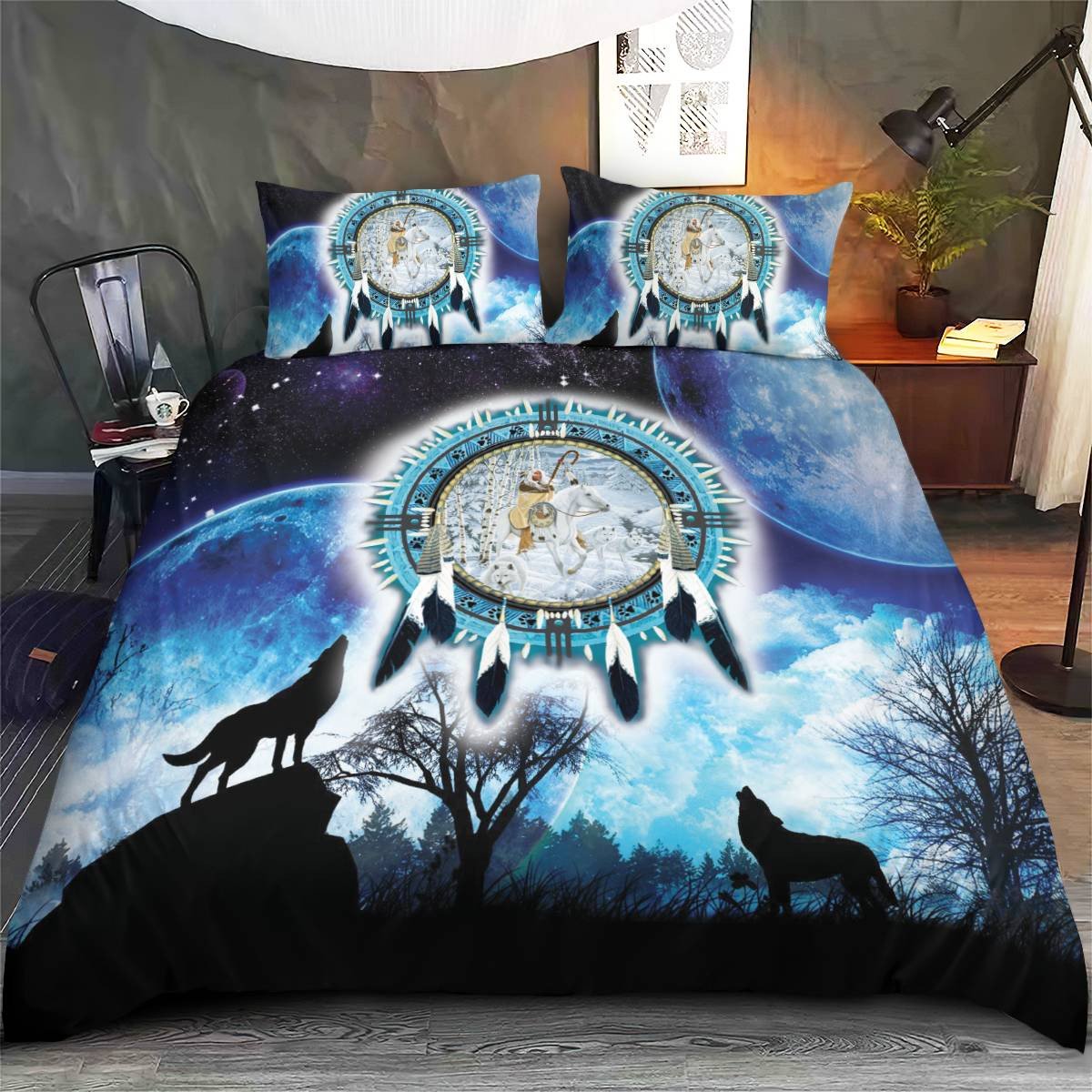 hippieartzone - Native American Wolf Natural Pattern Bedding Set