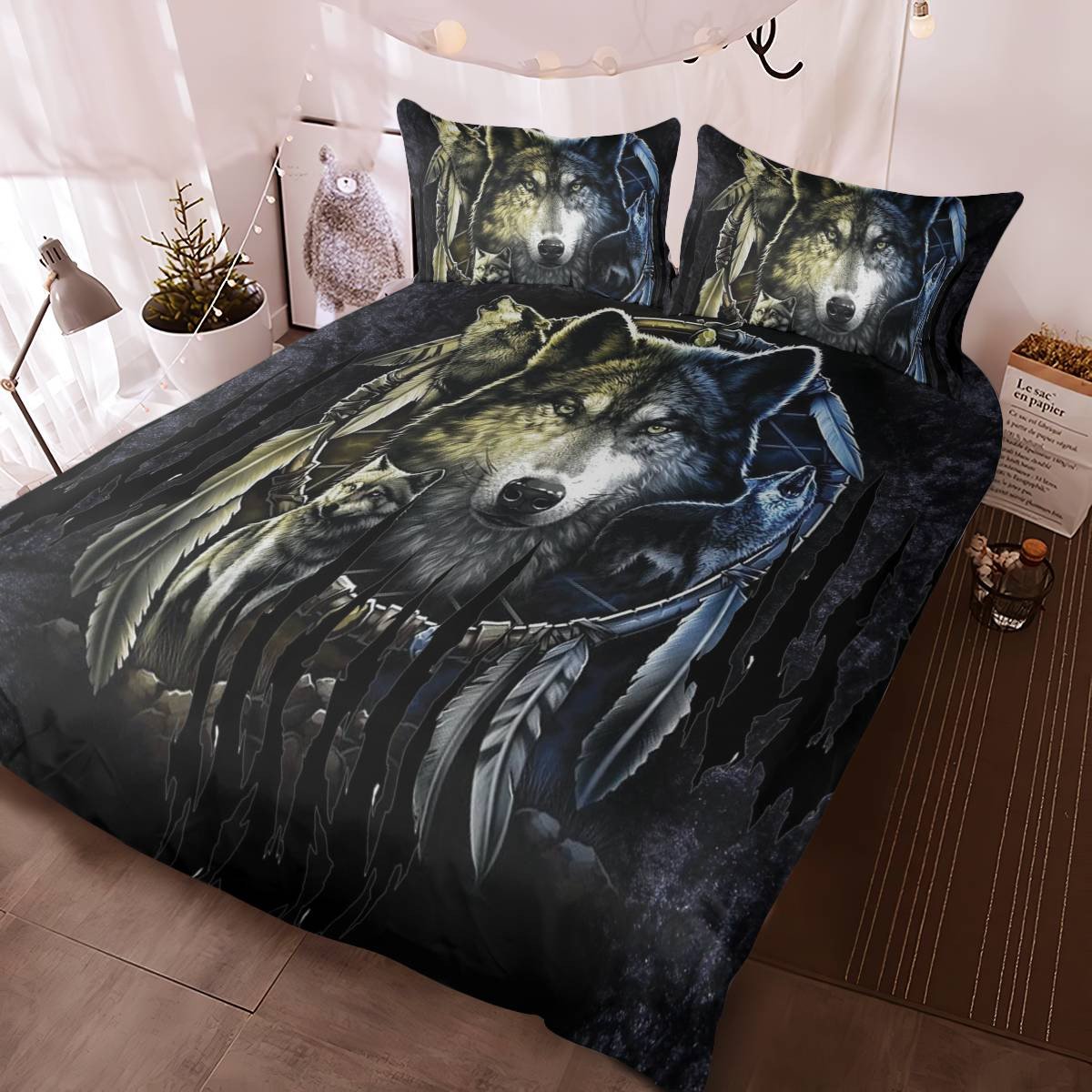 hippieartzone - Native American Wolf Dreamcatcher Bedding Set