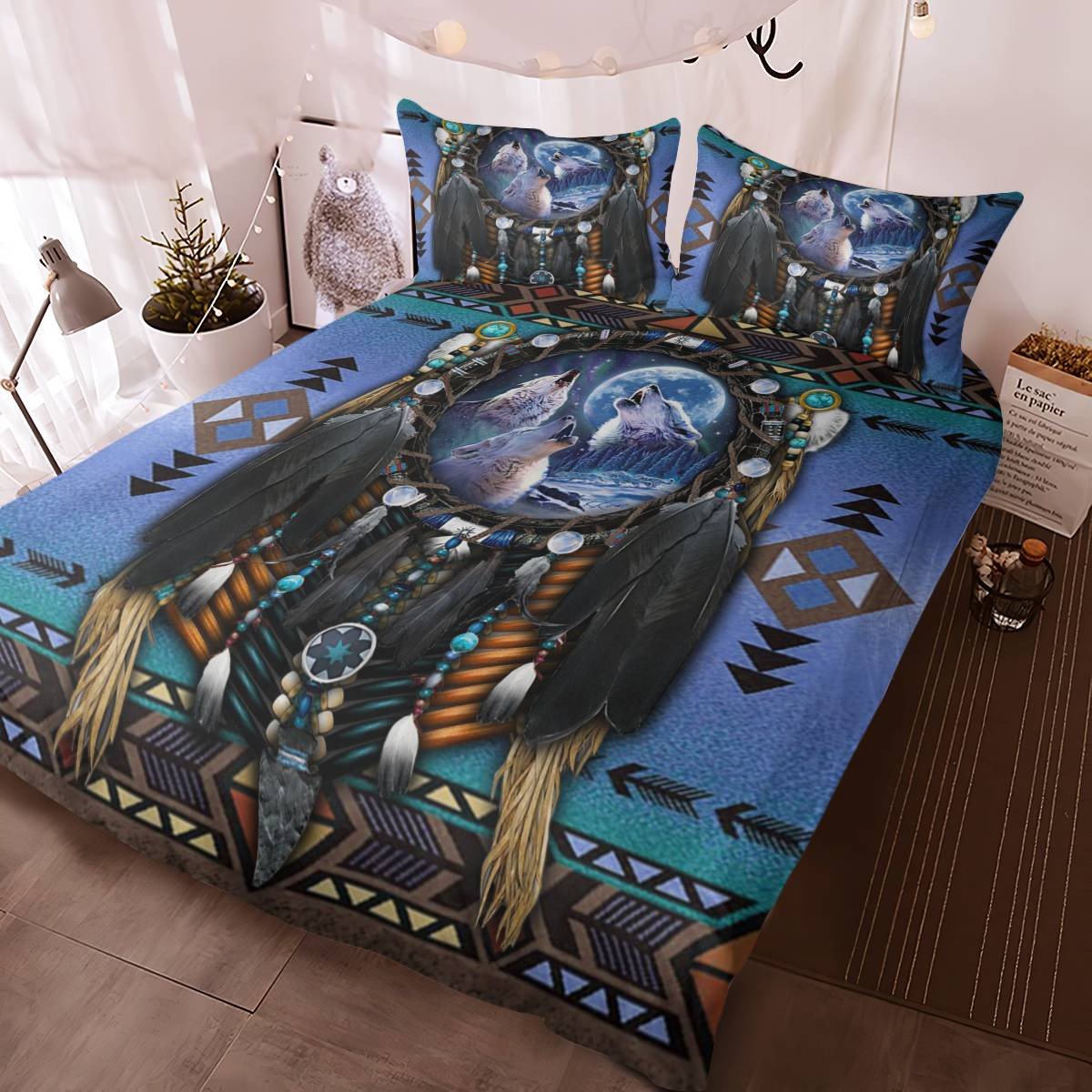 hippieartzone - Native American Wolf Dreamcatcher Art Bedding Set