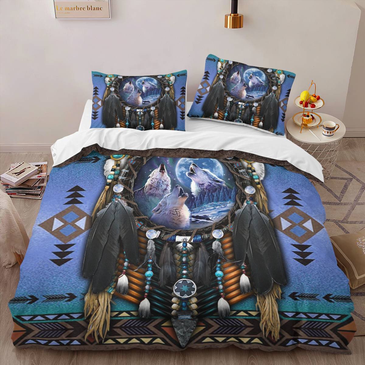 hippieartzone - Native American Wolf Dreamcatcher Art Bedding Set