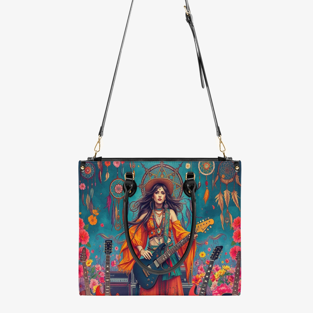 Flower Grove Guitar Girl Crossbody Bag For Boho Hippie Style