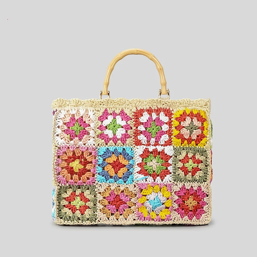 hippieartzone - Bohemian Granny Square Staw Handbags.