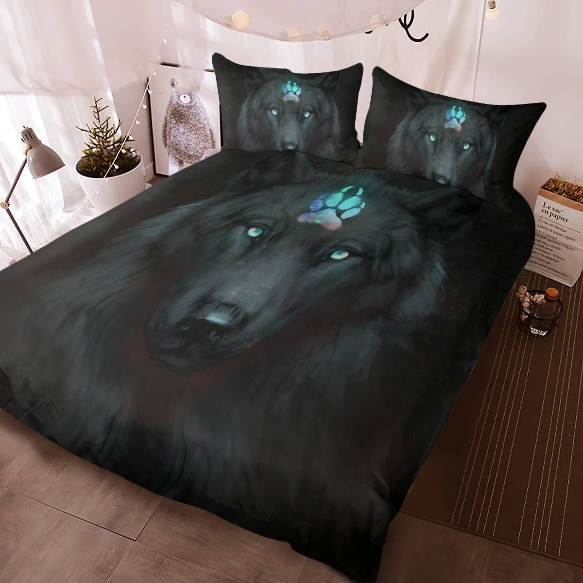 hippieartzone - Native American Black Wolf Bedding Set