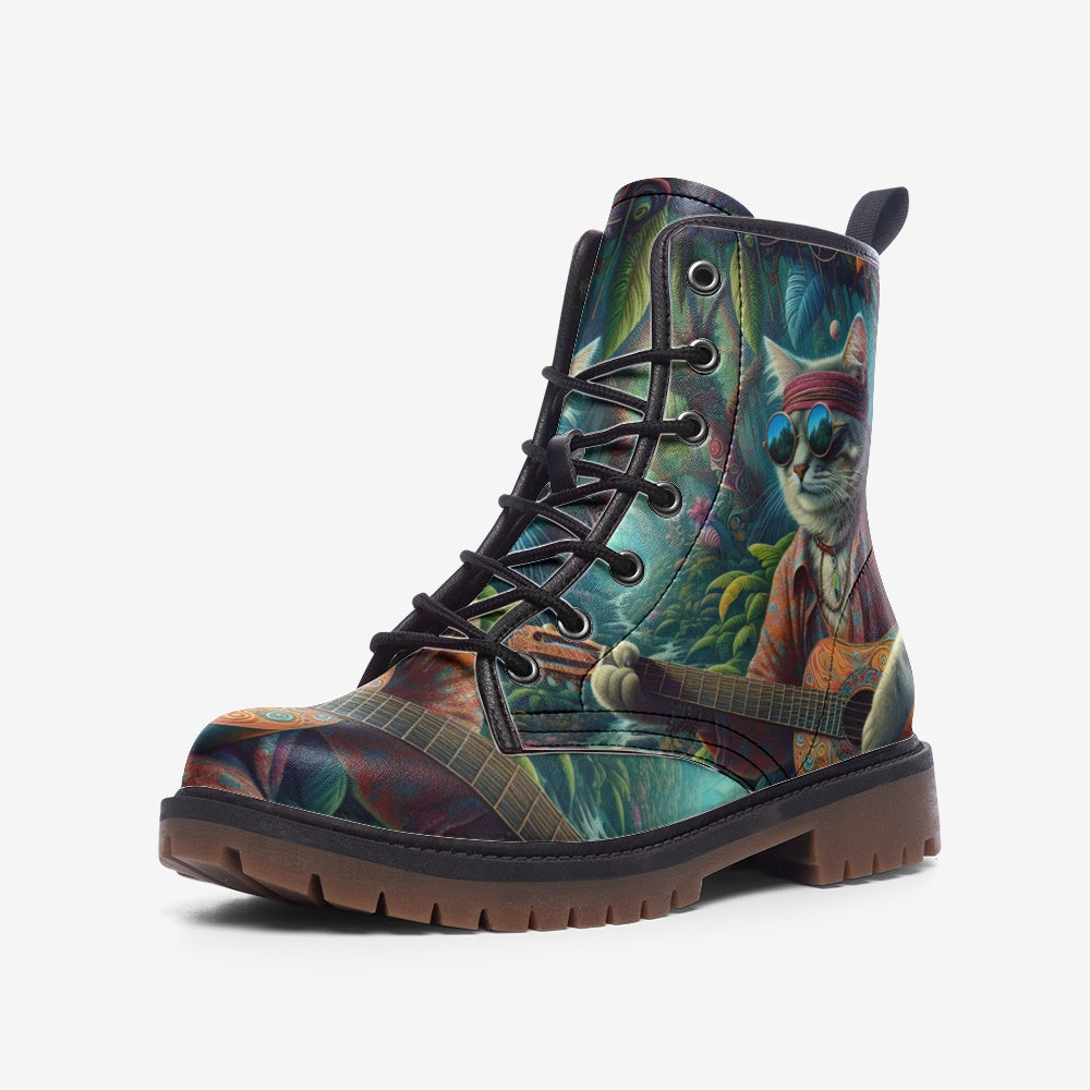 Hippie Art Zone - Cat Guitarist In The Wild Casual Leather Lightweight Boots For Hippies