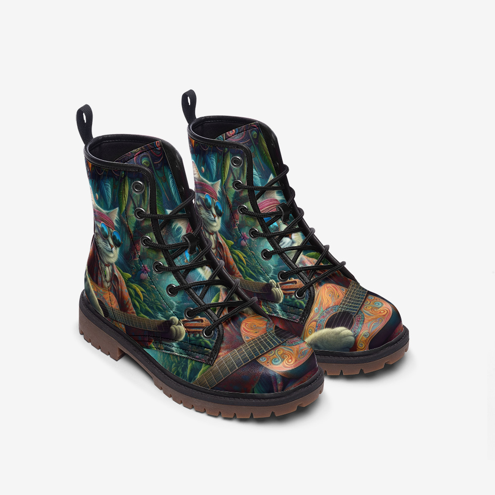 Hippie Art Zone - Cat Guitarist In The Wild Casual Leather Lightweight Boots For Hippies