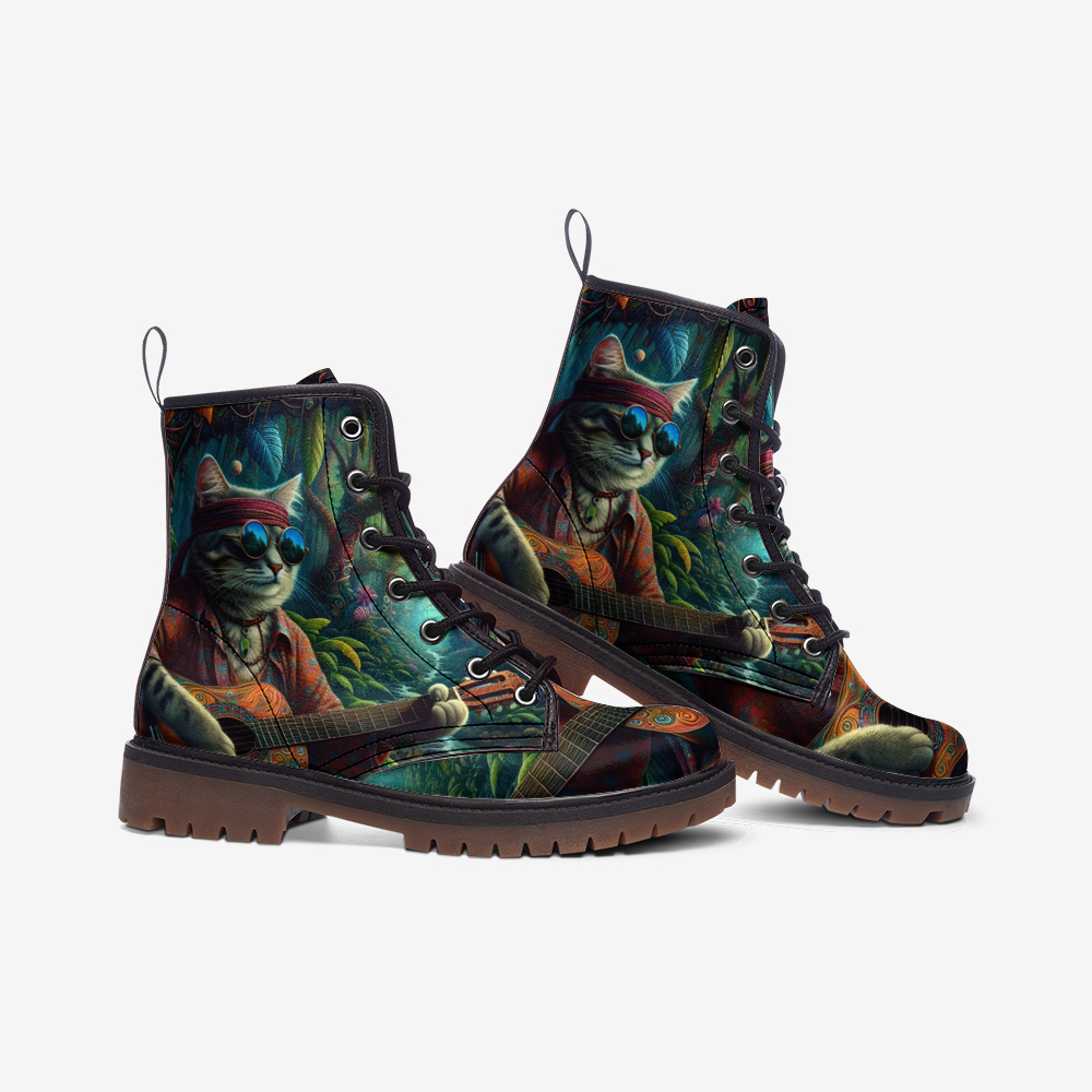 Hippie Art Zone - Cat Guitarist In The Wild Casual Leather Lightweight Boots For Hippies