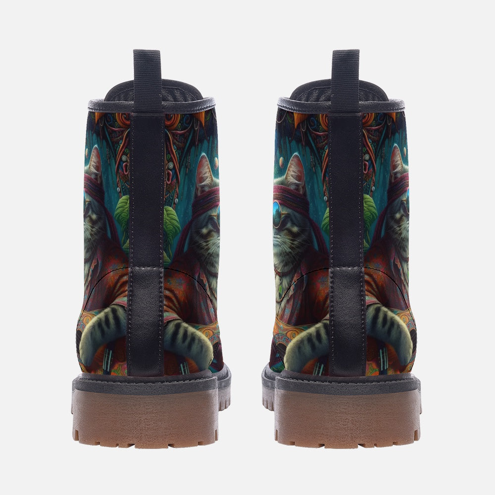 Hippie Art Zone - Cat Guitarist In The Wild Casual Leather Lightweight Boots For Hippies